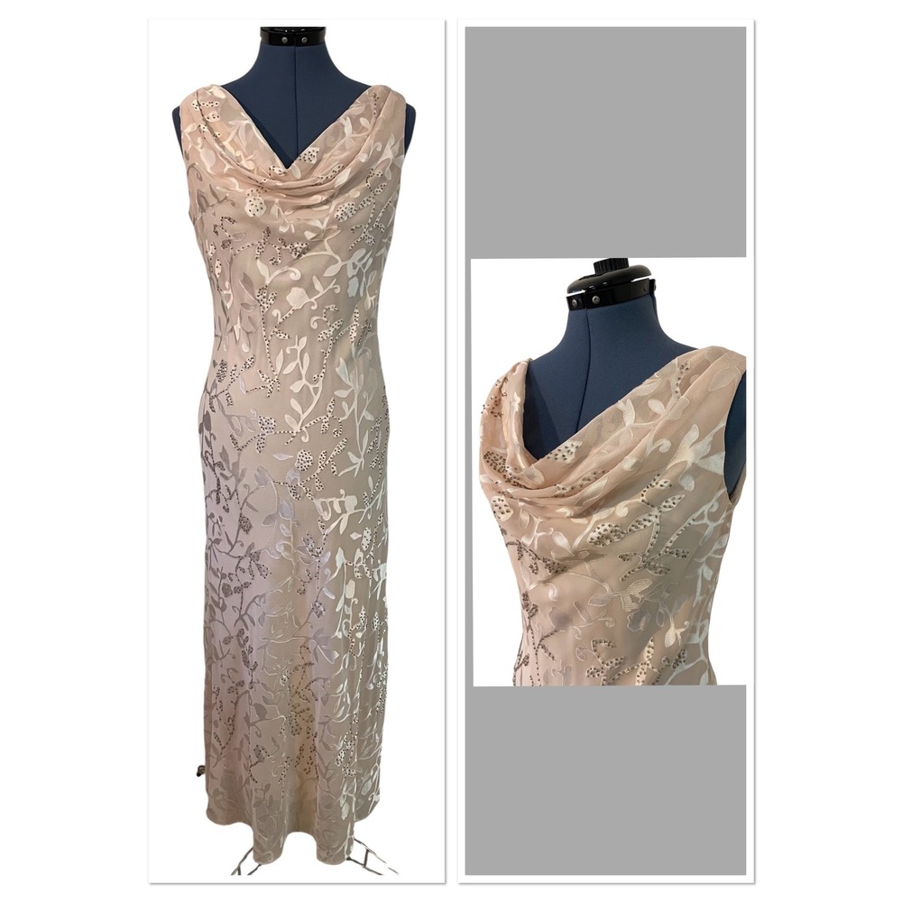 Vtg Patra Beaded Burnout Floral Cowl Neck Formal Gown Champagne Wedding Y2K 6